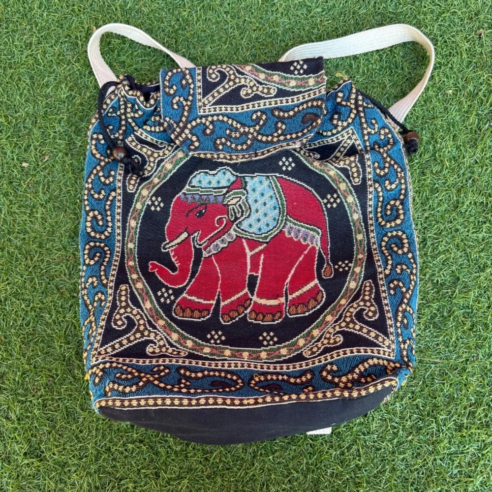 Boho Elephant Indian Tapestry Backpack Woven Drawstring Bag